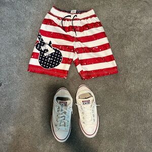 White All Star Converse Shoes Size 2.5 Red, White, Blue Swim Trunks Set